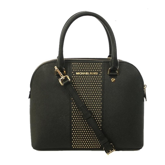 Michael Kors Studded Cindy Black/Gold Medium Dome Satchel Crossbody Purse - Picture 1 of 12
